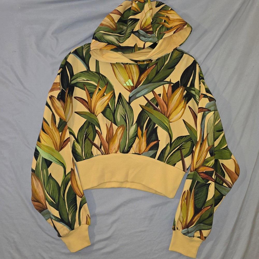 Adidas Farm Rio Hoodie Medium Womens Yellow Tropical Floral Bird of Paradise